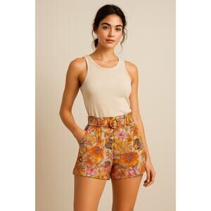 Lavender Brown Linen Belted Jungle Fever High Waisted Shorts Size XS